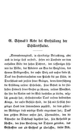 G. Schwabs' Rede bei Enthüllung der Schillersstatue.