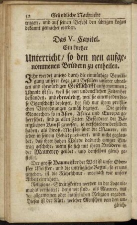 Das V. Capitel. Ein kurtzer Unterricht/ so den neu aufgenommenen Brüdern zu ertheilen.