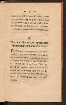 IV. Wie die Weide zur Spanischen Schaafzucht beschaffen seyn müße