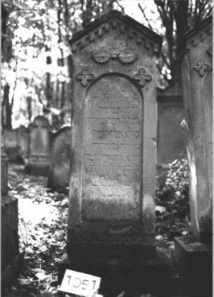 Grabstein 1051 (Index: 99899667) Material: Sandstein Zustand: stark verwittert Maße HxBxT: 157x47x24 cm Beschreibung: aufgesockelte Stele mit Dreiecksabschluss, darunter Zinnenfries, über dem Schriftfeld Blatt- und Blütenornamente Symbolik: Blätter, Blüten, Zinnenfries: Grabstein 1051
