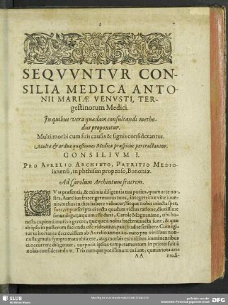 Sequuntur Consilia Medica Antonii Mariae Venusti, Tergestinorum Medici