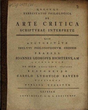 Exercitiatio Philologica De Arte Critica Scriptvrae Interprete