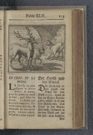 Fable XLII. : Le cerf, et la brebis. Der Hirsch und das Schaaf.