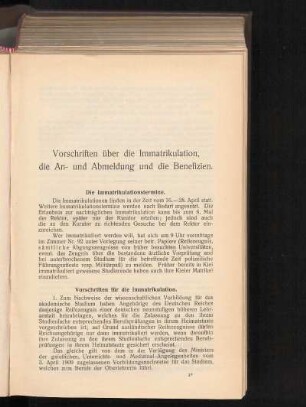 Vorschriften über die Immatrikulation, die An- und Abmeldung und die Benefizien.