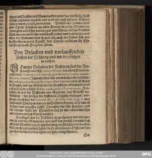 Von Vrsachen vnd vorlauffenden Zeichen der Pestilentz/ vnd wie derselbigen zu rathen.