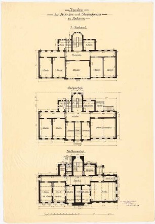 Kranken- und Siechenhaus, Brüssow Gültiger Ausführungsentwurf: Grundriss Keller, Erdgeschoss, 1. Obergeschoss 1:100