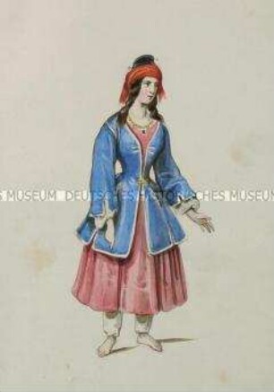 Barfüßiges Mädchen in blauer Jacke über rotem Kleid - Tafel aus Franceschini/Kostümbilder (Kassette 1)