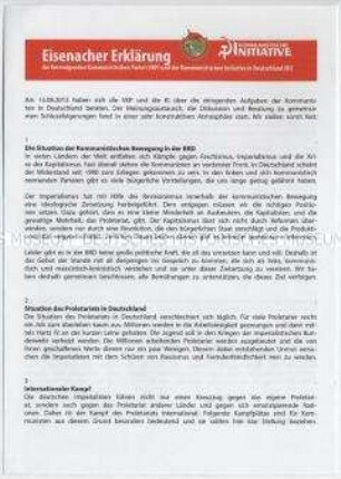 Flugschrift mit dem Text einer gemeinsamen Erklärung der Vereinigten Kommunistischen Partei VKP) und der Kommunistischen Initiative in Deutschland (KI) über die künftige Zusammenarbeit