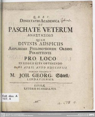 Dissertatio Academica De Paschate Veterum Anastasimō