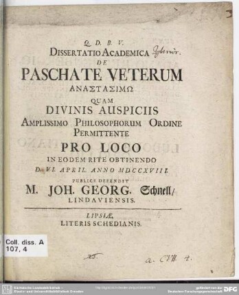 Dissertatio Academica De Paschate Veterum Anastasimō