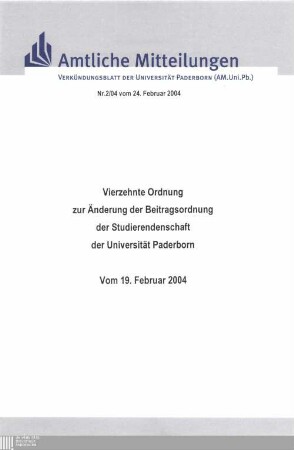 Vierzehnte Ordnung zur Änderung der Beitragsordnung der Studierendenschaft der Universität Paderborn : Vom 19. Februar 2004