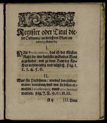 Register oder Titul dieser Ordnung