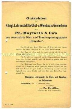 Gutachten der Königl. Lehranstalt für Obst- und Weinbau zu Geisenheim über Obst- und Traubenpressapparate