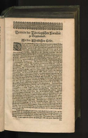 Vorrede der Theologischen Facultät zu Gryphiswald. An den Christlichen Leser.