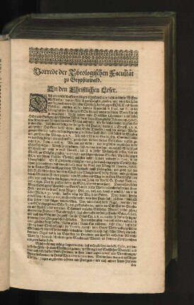 Vorrede der Theologischen Facultät zu Gryphiswald. An den Christlichen Leser.