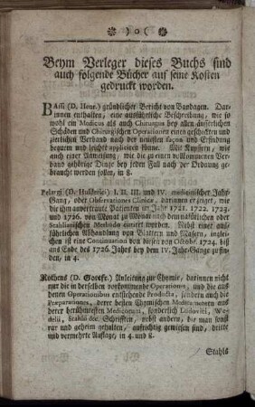 Beym Verleger dieses Buches sind auch folgende Bücher auf seine Kosten gedruckt worden.