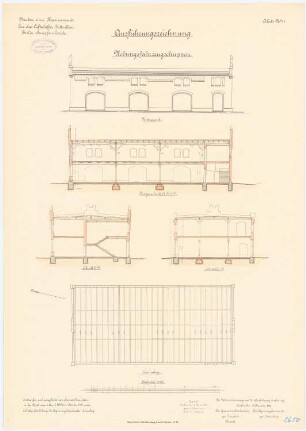 Kaserne für das Luftschiffer-Bataillon, Berlin-Jungfernheide: Übungsfahrschuppen: Sparrenlage, Querschnitte, Längsschnitt, Vorderansicht 1:100
