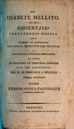 De diabete mellito : dissertatio inauguralis medica