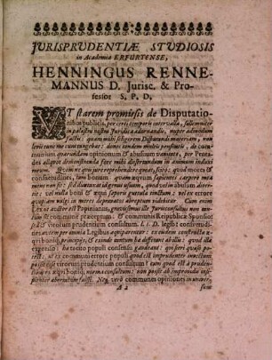Henningi Rennemanni Papaeburgi Saxonis Brunsvigii D. Iurisc. & Antecessoris in Academia Erfurtina De Abusuum, & quarundam Opinionum Communium, quae Iurisprudentiae praxin forensem conspurcarunt, vanitatibus, Pentas una : Pro Disputationis, stato tempore, extra ordinem, sollemniter habendae materia