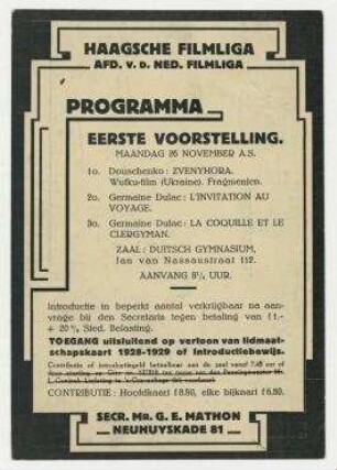 Einladungskarte (Postkarte) der Haagschen Filmliga an Til Brugman. 's-Gravenhage