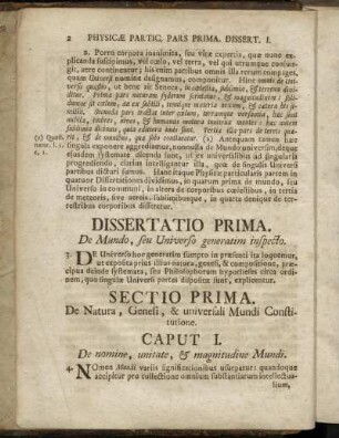 Sectio Prima. De Natura, Genesi, & universali Mundi Constitutione.