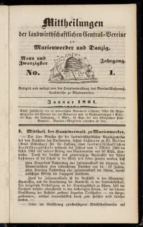 Neun und Zwanzigster Jahrgang. No. 1. Januar 1861.