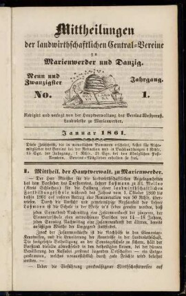 Neun und Zwanzigster Jahrgang. No. 1. Januar 1861.