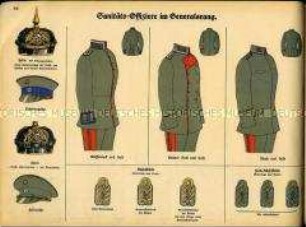 Uniformdarstellung, Schema der Helme, Waffenröcke, Hosen und Achselstücke von Bayerischen Sanitäts-Offizieren im Generalsrang, Deutsches Kaiserreich, 1916.
