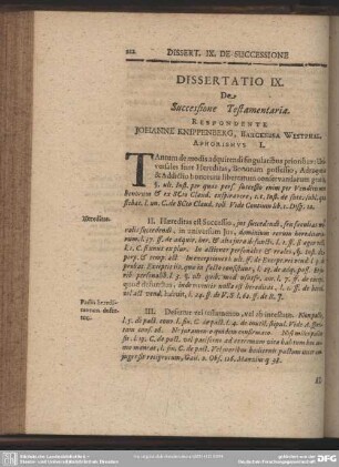 Dissertatio IX. De Successione Testamentaria. Respondente Johanne Knippenberg, Barckhusa Westphal