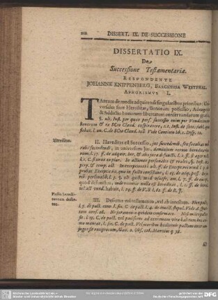 Dissertatio IX. De Successione Testamentaria. Respondente Johanne Knippenberg, Barckhusa Westphal