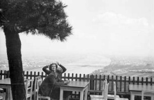 Wien: Blick über die Donau vom Kahlenberg, Blick vom Leopoldsberg, Vordergrund Pärchen am Tisch