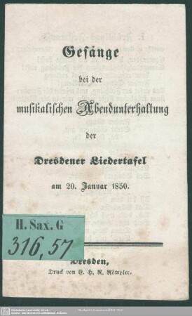 Gesänge bei der musikalischen Abendunterhaltung der Dresdner Liedertafel am 20. Januar 1850