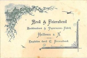 Visitenkarte bzw. Werbekarte der Buchdruckerei u. Papierwarenfabrik Brok & Feierabend