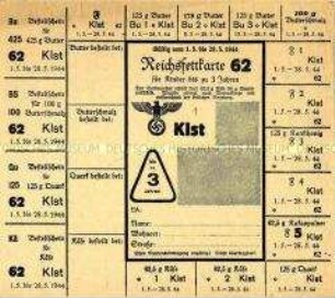 Lebensmittelmarken - Reichsfettkarte Klst 62 für Kinder bis zu 3 Jahren