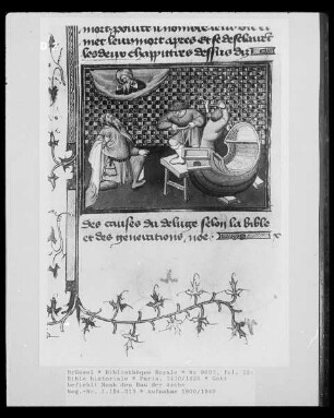 Ms 9001, Bible historiale, 1. Band, fol. 32: Gott befiehlt Noah den Bau der Arche