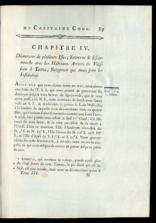 Chapitre IV. Découverte de plusieurs Isles ; Entrevue & Escarmouche avec les Habitans. Arrivée du Vaisseau à Tanna ; Réception que nous font les Insulaires.