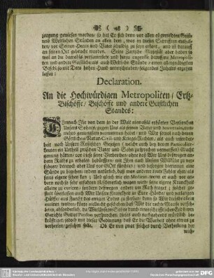 Declaration. An die Hochwürdigen Metropoliten, Ertz-Bischöffe, Bischöffe und andere Geistlichen Standes