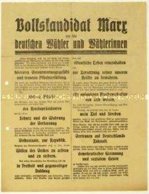 Flugblatt mit dem politischen Programm von Wilhelm Marx für seine Kandidatur zur Reichspräsidentenwahl 1925
