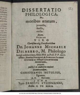 Dissertatio Philologica, De moribus aetatum, iuvenilis, senilis, virilis