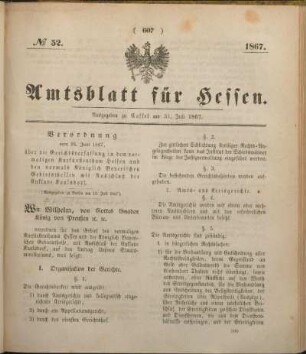 № 52. Ausgegeben zu Cassel am 31. Juli 1867.