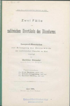 Zwei Fälle von zahlreichen Divertikeln des Dünndarms