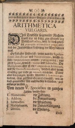 [Erster Theil.] Arithmetica Vulgaris