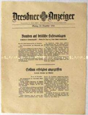 Nachrichtenblatt "Dresdner Anzeiger" u.a. zur Bombardierung britischer Hafenanlagen