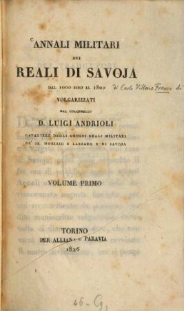 Annali militari dei reali di Savoja dal 1000 sino al 1800, 1
