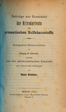 Beiträge zur Kenntniss der Nitroderivate der aromatischen Sulfoharnstoffe : Inaug. Diss. der Un. Goettingen