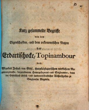 Kurz gesammelte Begriffe von den Eigenschaften, und dem ökonomischen Nutzen der Erdartischocke, Topinambour