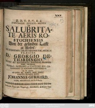 Disputatio Physico-Medica De Salubritate Aeris Rostochiensis