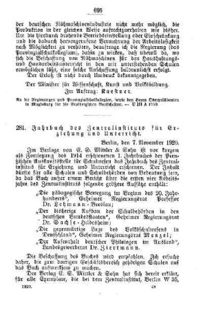 Jahrbuch des Zentralinstituts für Erziehung und Unterricht : [B. Allgemeine Angelegenheiten der Unterrichtsanstalten]