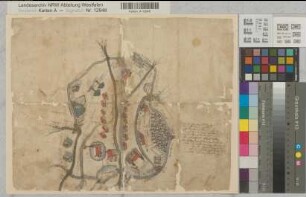 Buldern, Haus (Dülmen) Jurisdiktionsgrenze 16.Jh. o.M. 32 x 40 kol. Zeichnung Bem.: mit Ansichten der Kirche, Burg und Haus Buldern Haus Buldern Nr. 493