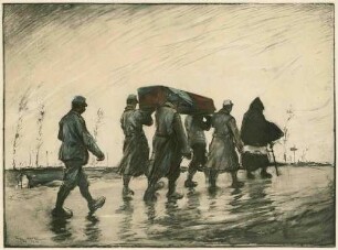 Französischer Trauerzug (sechs Personen) in Flandern, vier franz. Soldaten einen Sarg tragend, voraus ein Kapuzinerpater (?), als Abschluss einzelner Soldat, Soldaten in Uniform und Mütze